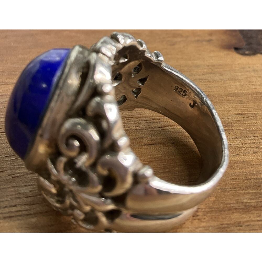 Vintage Lapis Lazuli Sterling Silver Ring Thailand J Filigree Statement Size 7.5 - Picture 4 of 8